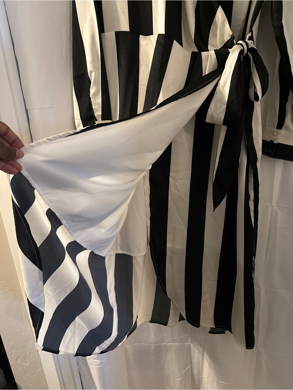 New York & Company Black & White Striped Wrap Dress - Picture 4 of 5